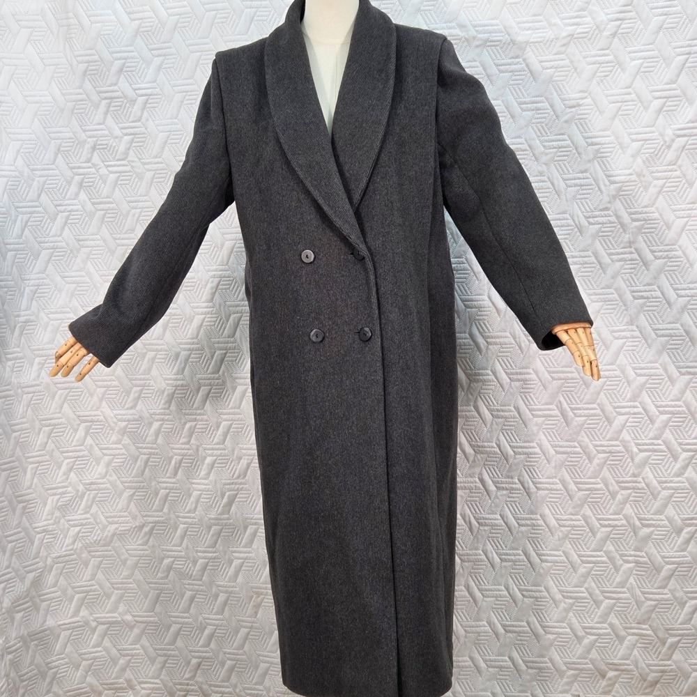 Karen Coat Women Wool cashmere Blend Charcoal Double Breasted Long Made USA L/XL